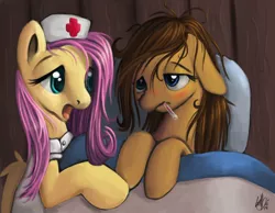 Size: 900x700 | Tagged: safe, artist:genbulein, derpibooru import, fluttershy, oc, oc:heartbreak, earth pony, pegasus, pony, bed, blanket, blue eyes, cyan eyes, duo, female, human in equestria, human to pony, lying, lying down, male to female, mare, messy hair, messy mane, my little heartbreak, nurse, nurse outfit, on back, pillow, rule 63, sick, thermometer