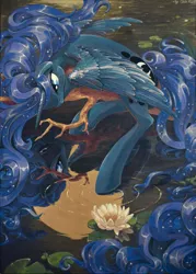 Size: 1433x2000 | Tagged: acrylic painting, artist:chio-kami, derpibooru import, flower, princess luna, reflection, safe, solo, traditional art, water, waterlily