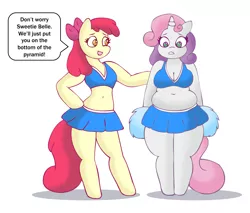 Size: 2000x1700 | Tagged: anthro, apple bloom, artist:lordstormcaller, belly, belly button, breasts, busty sweetie belle, cheerleader, chubby, cleavage, derpibooru import, female, midriff, muffin top, need to go on a diet, need to lose weight, older, plump, pom pom, safe, sweetie belle, unguligrade anthro