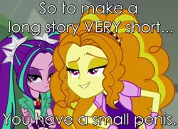 Size: 988x714 | Tagged: suggestive, derpibooru import, adagio dazzle, aria blaze, equestria girls, rainbow rocks, brutal honesty, caption, humiliation, image macro, meme, small penis, small penis humiliation, smug, text edit, unimpressed