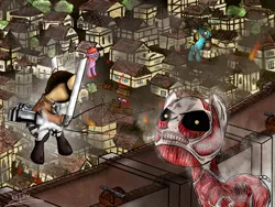 Size: 1400x1050 | Tagged: grimdark, artist:katsumasa, derpibooru import, pony, attack on pony, attack on titan, bert, blade, blood, colossal titan, crossover, titan, town, wall