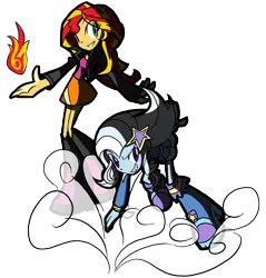 Size: 2100x2200 | Tagged: safe, artist:rvceric, derpibooru import, sunset shimmer, trixie, equestria girls, clothes, fiery shimmer, fire, pixiv, pyromancy, simple background, skirt, smokescreen, transparent background