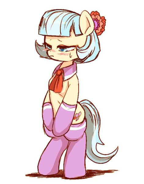 Size: 600x765 | Tagged: safe, artist:susu, derpibooru import, coco pommel, pony, semi-anthro, bipedal, blushing, clothes, socks, solo