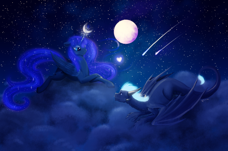 Size: 4760x3160 | Tagged: safe, artist:dalagar, derpibooru import, princess luna, oc, alicorn, dragon, pony, canon x oc, cloud, cloudy, female, floppy ears, heart, mare, moon, night, prone, self insert, shipping, shooting stars, smiling, stars