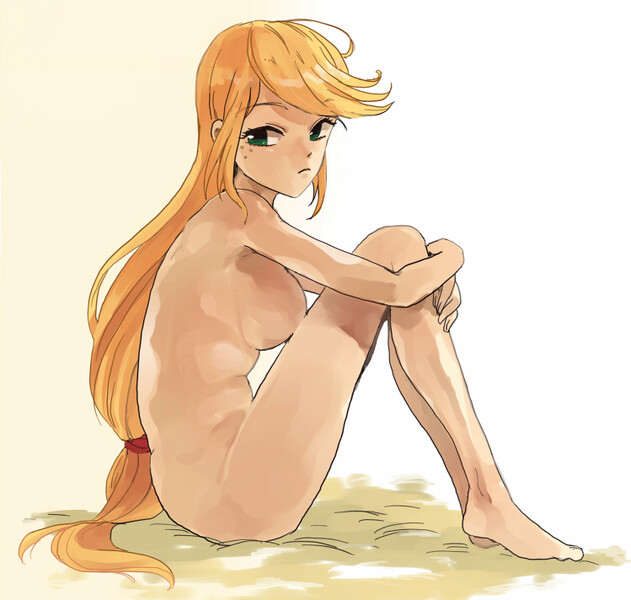 Size: 749x712 | Tagged: applejack, artist:pasikon, barefoot, breasts, busty applejack, derpibooru import, feet, female, human, humanized, nudity, questionable, sideboob, sitting, solo, solo female