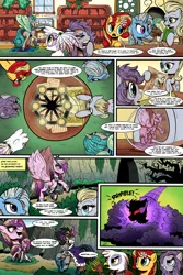 Size: 1280x1920 | Tagged: safe, artist:gray--day, derpibooru import, derpy hooves, gilda, king sombra, maud pie, princess cadance, queen chrysalis, sunset shimmer, trixie, oc, oc:fluffle puff, gryphon, pony, comic:of kings and changelings, alternate universe, bright eyes (mirror universe), comic, dance dance revolution, evil cadance, former good king sombra, good king sombra, i can't believe it's not idw, pink fluffy unicorns dancing on rainbows, reversalis, rhythm game, xbox 360