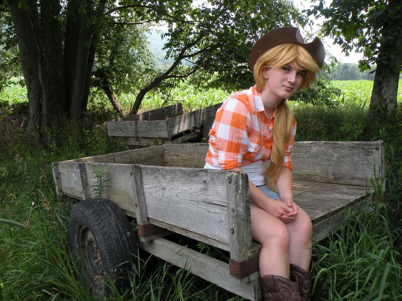 Size: 3648x2736 | Tagged: safe, artist:madameterralupus, derpibooru import, applejack, human, boots, cosplay, hat, high res, irl, irl human, photo, solo, wagon