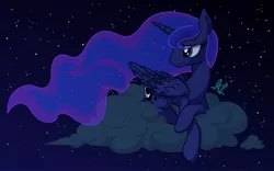 Size: 1867x1164 | Tagged: artist:grandpalove, cloud, derpibooru import, frown, missing accessory, night, princess luna, prone, sad, safe, solo, stars