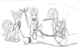 Size: 1024x623 | Tagged: safe, artist:panzerwaffe, derpibooru import, apple bloom, scootaloo, sweetie belle, draconequus, earth pony, pegasus, pony, unicorn, chainsword, crossover, cutie mark crusaders, female, filly, foal, grayscale, inquisition, inquisitor, male, monochrome, power armor, psyker, quartet, russian, sketch, warhammer (game), warhammer 40k