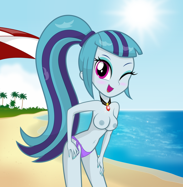 Size: 1600x1640 | Tagged: questionable, artist:rainbownspeedash, derpibooru import, edit, sonata dusk, equestria girls, rainbow rocks, adorasexy, beach, belly button, blushing, breasts, clothes, cute, nipples, nudity, pendant, sexy, show accurate, show accurate porn, solo, sonatabetes, stupid sexy sonata dusk, topless, umbrella, wink