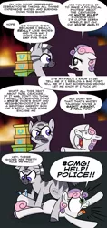Size: 1024x2166 | Tagged: safe, artist:catfood-mcfly, derpibooru import, sweetie belle, pony, unicorn, zebra, clothes, comic, drama, ferguson, fire, fury belle, horseshoes, riot, satire, shoes, stealing, striped lives matter