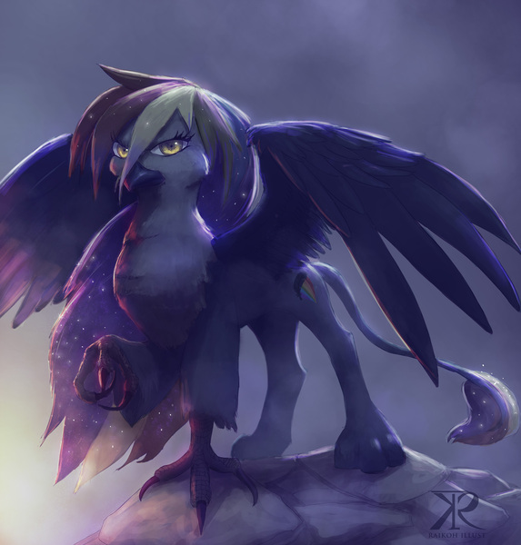 Size: 4200x4400 | Tagged: safe, artist:raikoh, derpibooru import, oc, oc:rainbow feather, unofficial characters only, gryphon, hippogriff, absurd resolution, antagonist, bad end, evil, interspecies offspring, magical lesbian spawn, nightmare, offspring, parent:gilda, parent:rainbow dash, parents:gildash, rainbow hair, solo, transformed