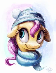 Size: 1804x2353 | Tagged: safe, artist:tsitra360, derpibooru import, part of a set, fluttershy, pony, clothes, cute, female, floppy ears, hat, mare, portrait, scarf, shyabetes, snow, snowfall, solo, winter