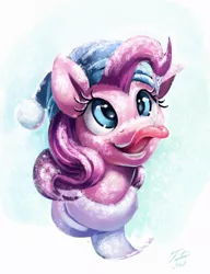 Size: 1804x2353 | Tagged: safe, artist:tsitra360, derpibooru import, part of a set, pinkie pie, pony, bust, cute, diapinkes, female, hat, icicle, mare, portrait, snow, snowfall, solo, tongue out, winter