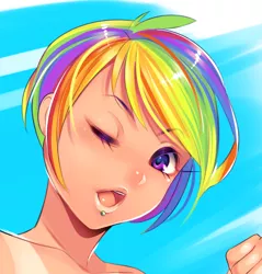 Size: 716x750 | Tagged: artist:loyproject, close-up, derpibooru import, explicit source, human, humanized, piercing, rainbow dash, safe, solo, wink