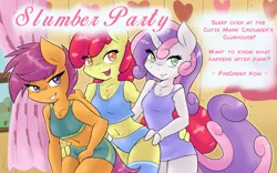 Size: 1031x642 | Tagged: anthro, apple bloom, artist:ambris, bedroom eyes, belly button, blue underwear, bottomless, boyshorts, bra, bra strap, breasts, butt touch, cleavage, clothes, crop top bra, cutie mark crusaders, derpibooru import, female, green underwear, hand on butt, implied foalcon, midriff, multiple variants, panties, scootaloo, smiling, suggestive, sweetie belle, tanktop, underwear