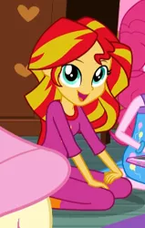 Size: 206x323 | Tagged: safe, derpibooru import, screencap, fluttershy, pinkie pie, sunset shimmer, equestria girls, rainbow rocks, clothes, cute, happy, kneeling, looking at you, open mouth, pajamas, shimmerbetes, smiling, solo focus, weapons-grade cute, when she smiles