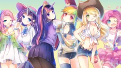 Size: 1920x1080 | Tagged: applejack, artist:eminya, belly button, breasts, cleavage, derpibooru import, female, fluttershy, horned humanization, human, humane six, humanized, mane six, midriff, pinkie pie, rainbow dash, rarity, suggestive, twilight sparkle, wallpaper, wallpaper for the fearless, winged humanization