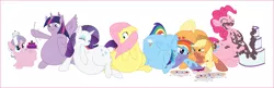 Size: 990x321 | Tagged: artist needed, safe, derpibooru import, applejack, diamond tiara, fluttershy, pinkie pie, rainbow dash, rarity, twilight sparkle, twilight sparkle (alicorn), alicorn, pony, applefat, belly button, cake, chubbity, chubby diamond, fat, fattershy, female, food, mane six, mare, messy, obese, pie, piggy pie, pudgy pie, rainblob dash, raritubby, stuffed, stuffing, twilard sparkle, weight gain