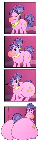 Size: 1250x4500 | Tagged: questionable, artist:bigponiesinc, derpibooru import, cookie crumbles, pony, unicorn, 4koma, bubblegum, butt expansion, chubby, comic, expansion, fat, female, gum, impossibly large butt, inflation, jiggle, large butt, obese, plot, sequence, solo, the ass was fat, weight gain