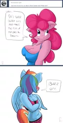 Size: 870x1700 | Tagged: suggestive, artist:sanders, derpibooru import, pinkie pie, rainbow dash, anthro, belly button, blushing, breasts, cleavage, clothes, dialogue, female, lesbian, looking away, midriff, pinkiedash, shipping, sports bra, sports shorts, tanktop, tsunderainbow, tsundere, wings