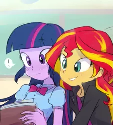 Size: 589x651 | Tagged: dead source, safe, artist:baekgup, derpibooru import, sunset shimmer, twilight sparkle, twilight sparkle (alicorn), equestria girls, book, exclamation point, female, lesbian, reading, shipping, sunsetsparkle