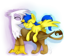 Size: 1150x1000 | Tagged: safe, artist:maggymss, derpibooru import, gilda, oc, oc:orion, gryphon, pegasus, pony, canon x oc, eyes closed, female, flying, gildarion, happy, male, shipping, size difference, smiling, snuggling, spread wings, straight