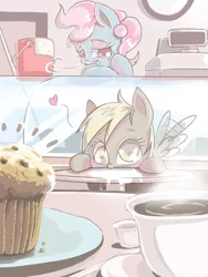 Size: 600x800 | Tagged: safe, artist:fr3, derpibooru import, cup cake, derpy hooves, pony, baby, baby pony, coffee, cute, derpabetes, filly, muffin, pixiv, that pony sure does love muffins, younger