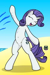 Size: 800x1200 | Tagged: suggestive, artist:bajanic, derpibooru import, rarity, pony, beach, belly button, bikini, bipedal, clothes, eyes closed, sand, smiling, solo, swimsuit, water, wet