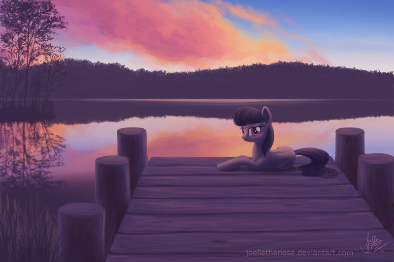 Size: 1575x1049 | Tagged: safe, artist:joellethenose, derpibooru import, octavia melody, earth pony, pony, beautiful, bedroom eyes, cloud, cloudy, evening, female, grass, lake, looking at you, mare, missing accessory, nature, outdoors, pier, prone, reflection, scenery, scenery porn, signature, sky, smiling, solo, sunset, tree