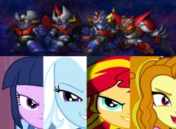 Size: 754x555 | Tagged: safe, derpibooru import, edit, screencap, adagio dazzle, sunset shimmer, trixie, twilight sparkle, equestria girls, rainbow rocks, crossover, final dynamic special, great mazinger, grendizer, mazinger, mazinger z, shin getter robo, super robot wars