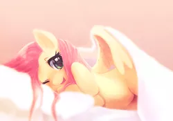 Size: 854x599 | Tagged: suggestive, artist:apricolor, derpibooru import, fluttershy, pegasus, pony, adorasexy, bed, belly button, blanket, cute, female, mare, one eye closed, open mouth, sexy, shyabetes, side, smiling, solo, spread wings, wink