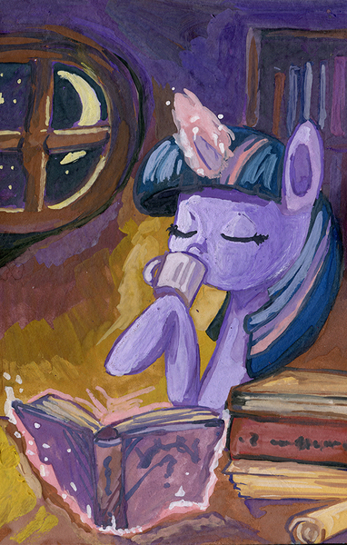 Size: 636x1000 | Tagged: artist:lexx2dot0, book, derpibooru import, eyes closed, gouache, magic, safe, scenery, solo, traditional art, twilight sparkle