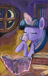 Size: 636x1000 | Tagged: artist:lexx2dot0, book, derpibooru import, eyes closed, gouache, magic, safe, scenery, solo, traditional art, twilight sparkle