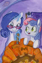 Size: 668x1000 | Tagged: artist:lexx2dot0, carving, derpibooru import, gouache, halloween, holiday, jack-o-lantern, magic, pumpkin, rarity, safe, sweetie belle, traditional art