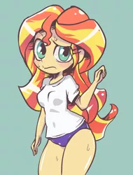 Size: 912x1200 | Tagged: suggestive, artist:k-nattoh, derpibooru import, sunset shimmer, human, equestria girls, rainbow rocks, blushing, breasts, clothes, cute, female, frown, green background, gym uniform, humanized, pixiv, shimmerbetes, shirt, simple background, solo, solo female, sports panties, sweat