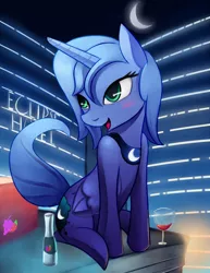 Size: 850x1100 | Tagged: alcohol, artifact, artist:negativefox, berry punch, berryshine, blushing, cute, derpibooru import, happy, hotel, princess luna, s1 luna, safe, solo, wine