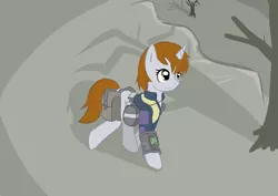 Size: 4092x2893 | Tagged: safe, artist:he4rtofcourage, derpibooru import, oc, oc:littlepip, unofficial characters only, pony, unicorn, fallout equestria, fanfic, canteen, clothes, dead tree, fanfic art, female, hooves, horn, mare, pipbuck, saddle bag, solo, tree, vault suit, wasteland