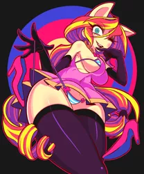 Size: 2500x3000 | Tagged: anthro, armpits, artist:gashi-gashi, bra, breasts, busty sunset shimmer, clothes, derpibooru import, dress, evening gloves, female, gloves, high res, lingerie, me!me!me!, panties, panty pull, ribbon, skirt, skirt lift, stockings, striped underwear, suggestive, sunset shimmer, thigh highs, thighs, thong, underwear, upskirt