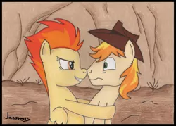 Size: 6700x4800 | Tagged: absurd resolution, artist:jacsveus, boop, braeburn, derpibooru import, eye contact, female, frown, grin, hat, hug, male, noseboop, one sided shipping, safe, shipping, smirk, spitburn, spitfire, straight, wide eyes