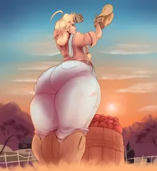 Size: 2189x2382 | Tagged: apple, applebucking thighs, applebutt, applejack, artist:sundown, ass, barrel, clothes, derpibooru import, female, human, humanized, impossibly large butt, jeans, pants, solo, solo female, suggestive, sunset, sweat, sweet apple acres, the ass was fat, thighs, thunder thighs