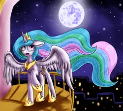 Size: 3000x2700 | Tagged: artist:artyjoyful, balcony, crying, derpibooru import, floppy ears, lullaby for a princess, mare in the moon, moon, night, princess celestia, raised hoof, safe, solo, spread wings