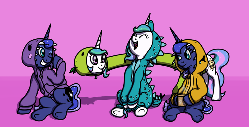 Size: 1000x513 | Tagged: artist:thatasianmike, ask celestia stuff, ask sunshine and moonbeams, clothes, costume, derpibooru import, dinosaur, fanart, long neck, luna-afterdark, princess celestia, princess luna, princess necklestia, safe, tumblr:ask lewdna