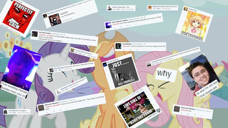 Size: 1920x1080 | Tagged: anti-brony, applejack, butthurt, cry some more, derpibooru import, facebook, fluttershy, hater, haters, haters gonna hate, humble bundle, obligatory pony, rarity, safe, text, twitter, vulgar