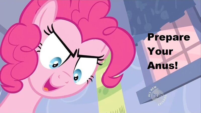 Size: 1000x562 | Tagged: caption, derpibooru import, edit, edited screencap, hub logo, pinkie pie, prepare your anus, rapeface, screencap, solo, suggestive, the hub