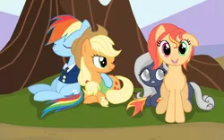 Size: 800x500 | Tagged: safe, artist:mischievouslove, derpibooru import, applejack, rainbow dash, oc, appledash, blind, bottomless, clothes, family, female, heterochromia, lesbian, magical lesbian spawn, offspring, parent:applejack, parent:rainbow dash, parents:appledash, partial nudity, shipping, siblings, smiling