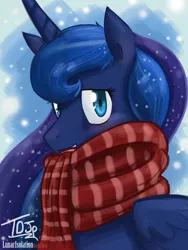 Size: 2700x3600 | Tagged: safe, artist:dracojayproduct, derpibooru import, princess luna, clothes, scarf, snow, snowfall, solo