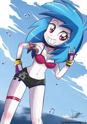 Size: 739x1055 | Tagged: suggestive, artist:the-butch-x, derpibooru import, edit, vinyl scratch, equestria girls, adorasexy, armpits, beach, belly button, bikini, bra, bracelet, breasts, busty vinyl scratch, clothes, cute, cutie mark, cutie mark on equestria girl, devil horn (gesture), earbuds, female, hand on hip, missing accessory, music player, nail polish, ocean, panties, sexy, solo, solo female, swimsuit, underwear, water, x summer