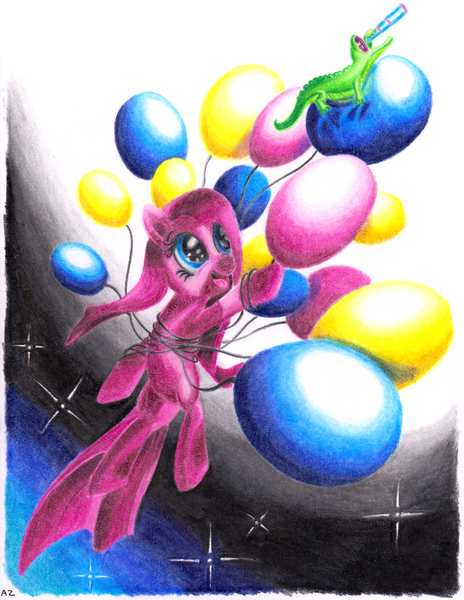 Size: 2545x3293 | Tagged: artist:uminanimu, balloon, derpibooru import, gummy, pinkamena diane pie, pinkie pie, safe, traditional art