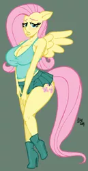 Size: 516x1000 | Tagged: anthro, artist:kulli, bedroom eyes, breasts, busty fluttershy, cleavage, clothes, curvy, derpibooru import, duckface, female, fluttershy, midriff, short skirt, skirt, solo, suggestive, tanktop